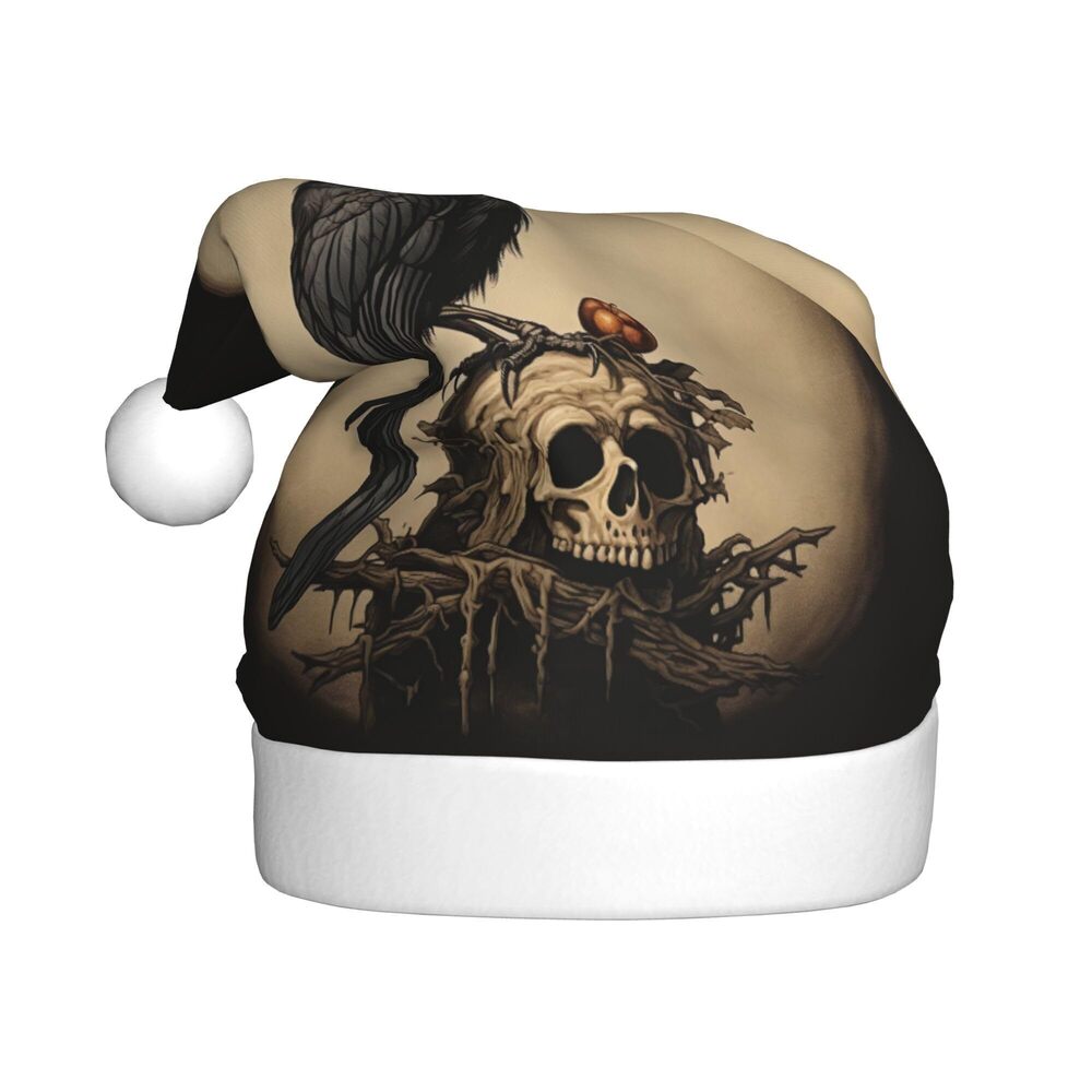 5822 A crow perched on an ancient skull Plush Christmas Hats Unisex Classic